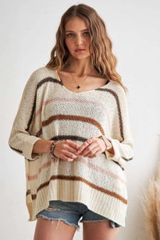 ADORA Full Size Multi Color Strip Sweater Plus Size