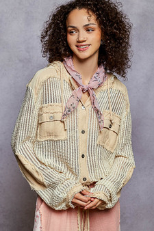 POL Texture Woven Button Down Hooded Shirt with Drawstring Hem