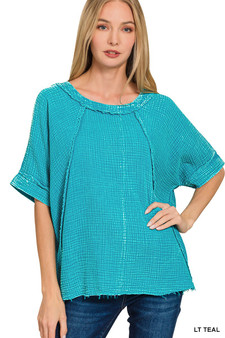 Zenana Washed Double Gauze Exposed Seam Short Sleeve Top
