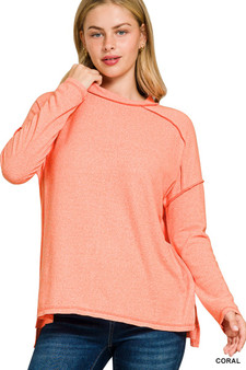 Zenana Full Size Melange Hacci Exposed Seam Hi-low Tee Plus Size
