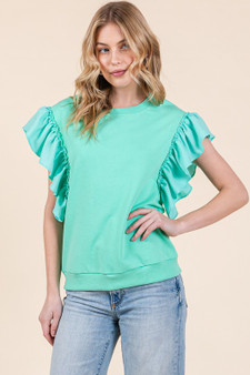Lime 'N' Chili Solid Shoulder Ruffle Detail Round Neck Top