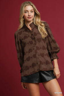 Umgee Heart Jacquard Ruffle Trim Shirt