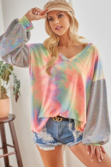 BiBi V Neck Tie Dye French Terry Top with Shiny