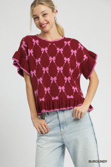 Umgee Bow Knit Ruffle Sleeve Sweater