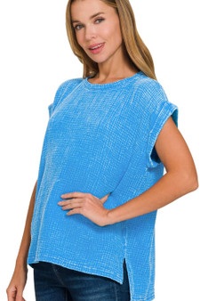 Zenana Woven Double Gauze Acid Washed Short Sleeve Top