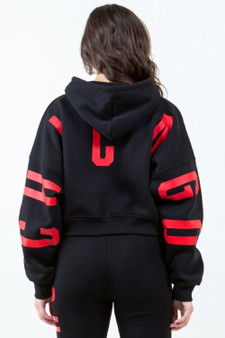 American Bazi Letter Graphic Long Sleeve Drawstring Cropped Hoodie