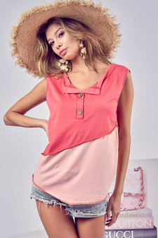 BiBi Color Block Contrast Stitching Buttoned Henley Top