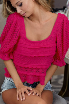 BiBi Square Neckline with Puff Sleeve Crochet Top