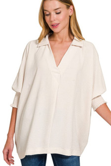 Zenana Airflow Collar Tee with Smocked Sleeve Band Top