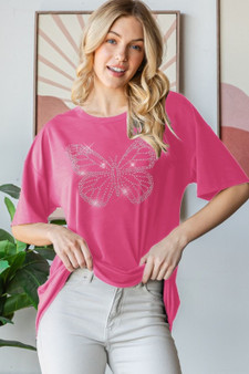 Heimish Full Size Rhinestone Butterfly Round Neck Short Sleeve T-Shirt Plus Size