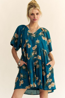Davi & Dani Floral Print Short Bell Sleeve Pleated Mini Dress
