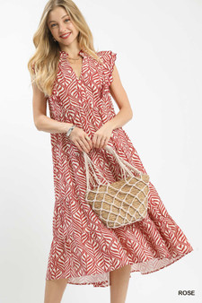 Umgee Leaf Print Tiered Midi Dress with Ruffle Detail