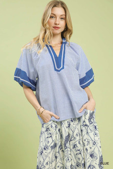 Umgee Striped Mixed Puff Sleeve Blouse