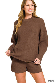 Zenana Round Neck Knit Top and Shorts Sweater Set