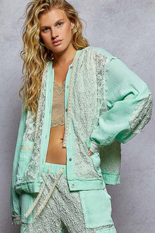 POL Exposed Seam Button Down Hooded Jacket with Lace Detail