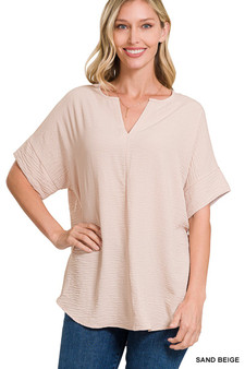Zenana Woven Airflow Split Neck Short Sleeve Top