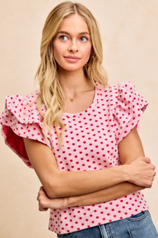 BiBi Heart Patterned Knit Ruffled Sleeves Top