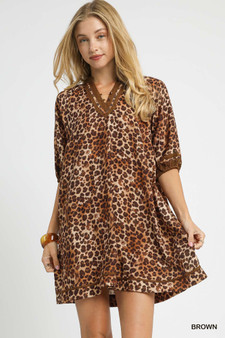Umgee Full Size Leopard Print Mini Dress with Contrast Trim Plus Size