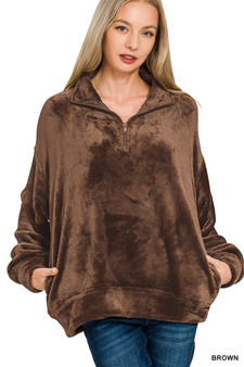 Zenana Faux Fur Half Zip Pocket Pullover