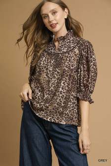 Umgee Leopard Print Ruffle Neck Blouse