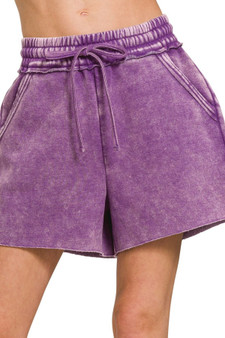 Zenana Acid Wash Fleece Drawstring Shorts With Pockets