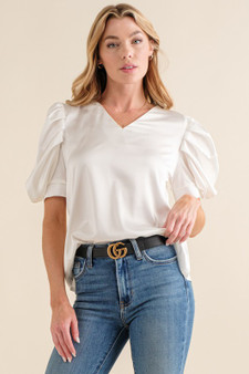 And The Why Plain Satin Puff Shirring V Neck Blouse Top