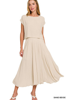 Zenana Woven Crinkle Gauze Crop Tee and Skirt Set