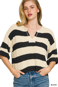 Zenana Split Neck Stripe Sweater
