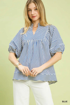 Umgee Striped Puff Sleeve Babydoll Top