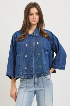 RISEN Double-Breasted Flowy Cropped Denim Jacket