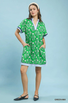 Umgee Printed Split Neck Short Sleeve Shift Dress