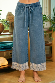 BiBi Washed Denim Waist Flower Lace Trim Pants