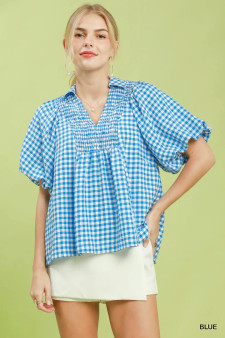 Umgee Smocked Yoke Puff Sleeve Gingham Blouse