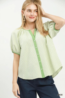Umgee Checker Puff Sleeve Button Front Blouse