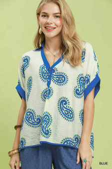 Umgee Paisley Print Contrast Trim Top