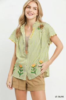 Umgee Embroidered Stripe Button Front Top
