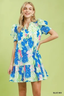 Umgee Floral Puff Sleeve Tiered Mini Dress