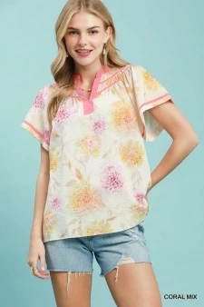 Umgee Floral Flutter Sleeve Blouse