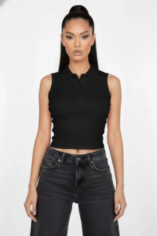 Slim-Fit Sleeveless Polo Collar Crop Top 