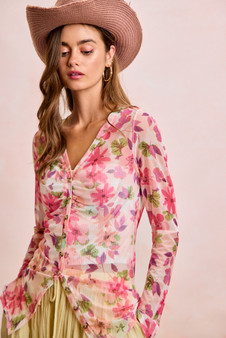 BiBi Floral Shrried Detail Button Up Mesh Cardigan Top