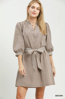 Umgee Textured Contrast Trim Tie Waist Mini Dress