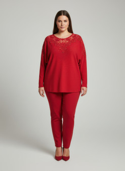 Crimson Lace Embellished Knit Tunic Top​