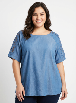 Lace Sleeve Chambray-Inspired Knit Top