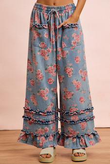 BiBi Washed Floral Denim With Ruffle Elastic Wide Pants