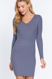 Long Slv V-Neck Sweater Mini Dress