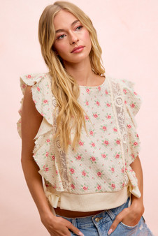 BiBi Flower Printed Ruffle Sleeve Trim Detail Top