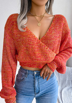 Autumn/Winter Multi-Color Crossover V-Neck Balloon Sleeve Crop Sweater