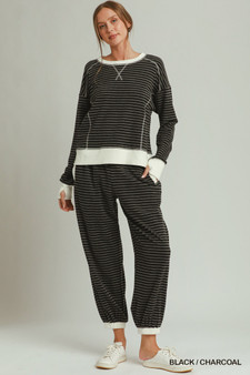 Umgee Tencel Fleece Stripe Crewneck Top