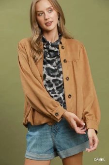 Umgee Suede Button Front Balloon Sleeve Jacket