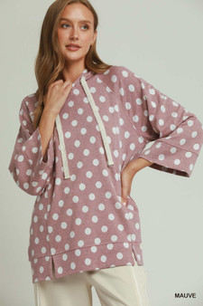 Umgee Polka Dot Printed Hoodie Tunic Top